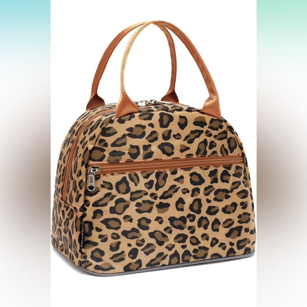 NWOT Chic Leopard Print Lunch Tote with Tan Handles